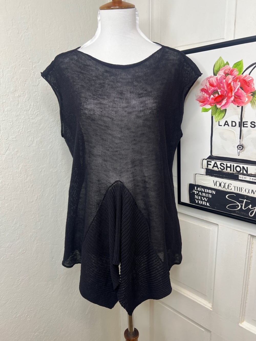 Sarah Pacini Black Asymmetrical Mesh Blouse OS